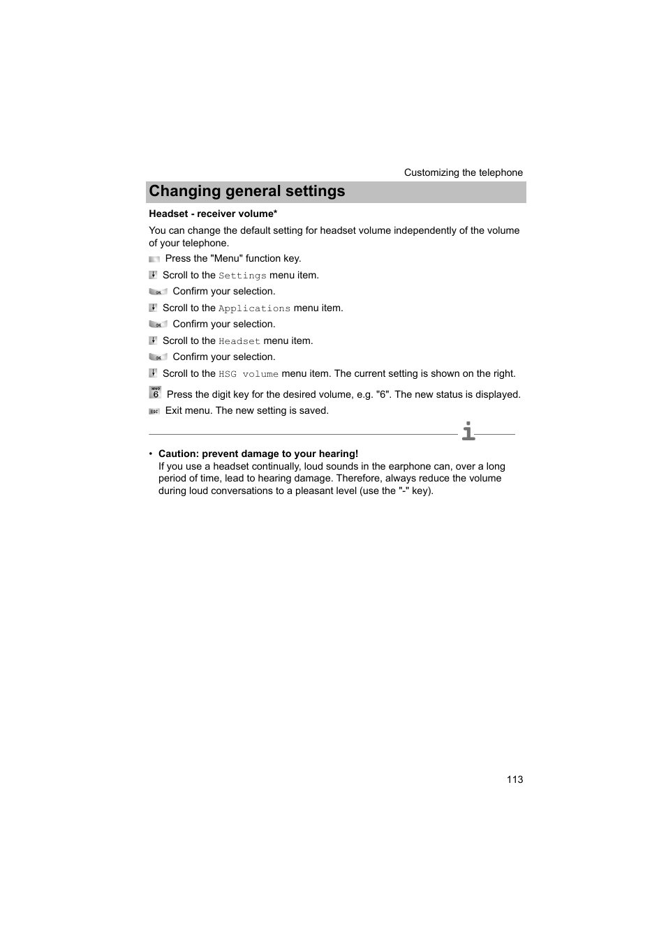 Headset - receiver volume, Changing general settings | Avaya T3 (IP) Comfort User Manual | Page 113 / 172