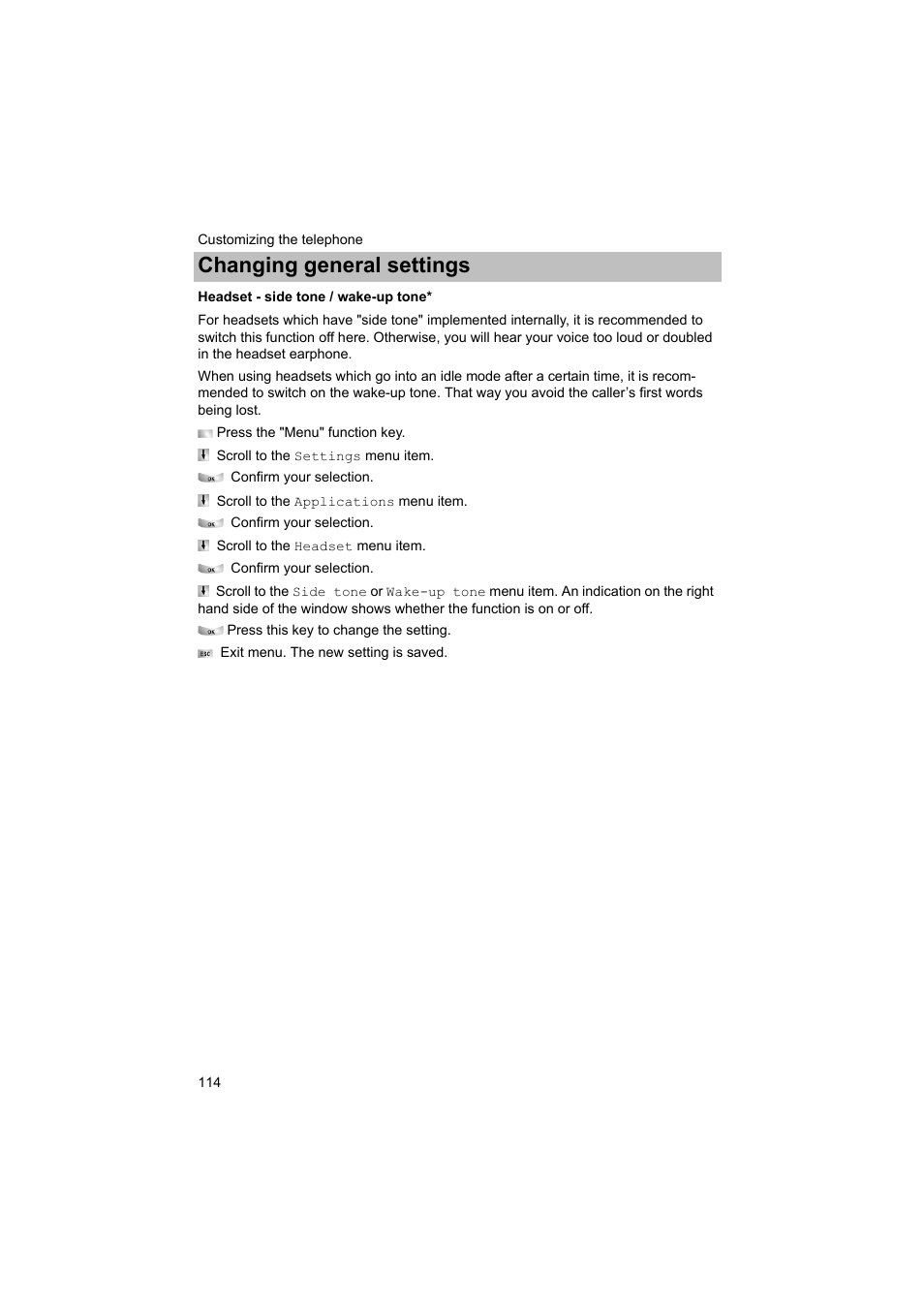 Headset - side tone / wake-up tone, Changing general settings | Avaya T3 (IP) Comfort User Manual | Page 114 / 172