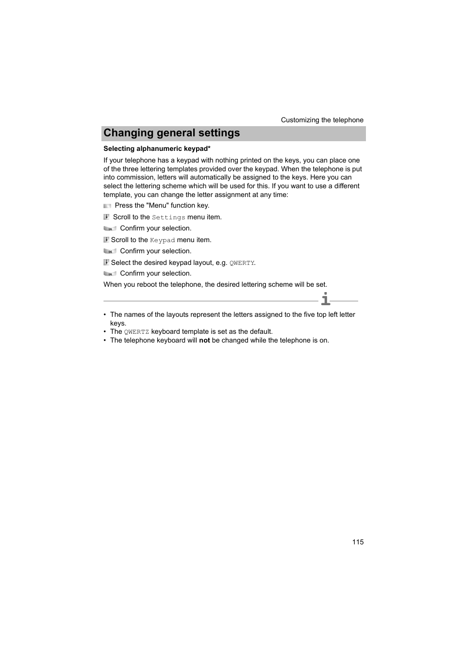 Selecting alphanumeric keypad, P. 115), Changing general settings | Avaya T3 (IP) Comfort User Manual | Page 115 / 172