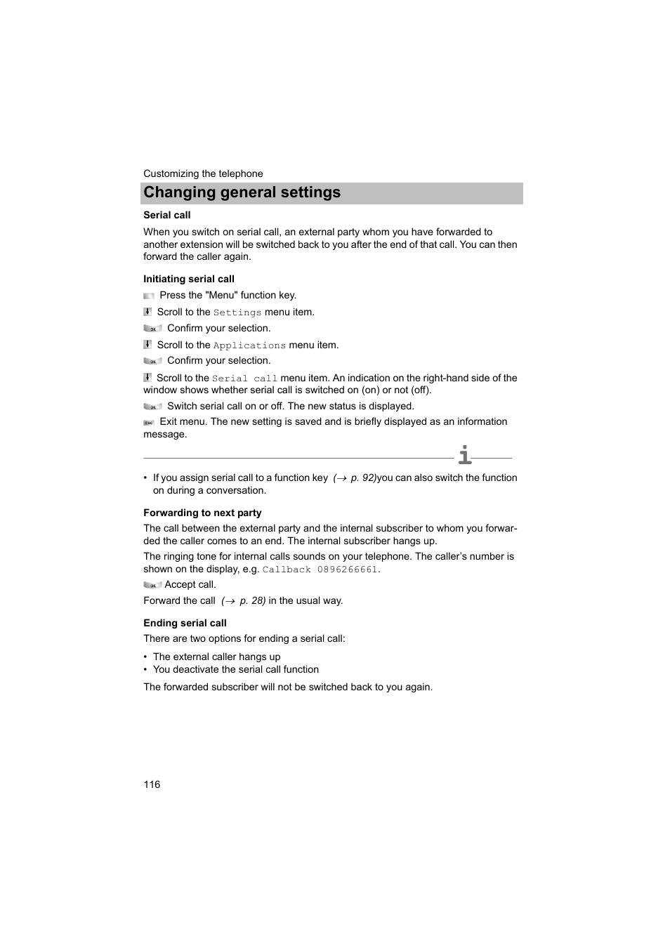 Serial call, P. 116), Changing general settings | Avaya T3 (IP) Comfort User Manual | Page 116 / 172