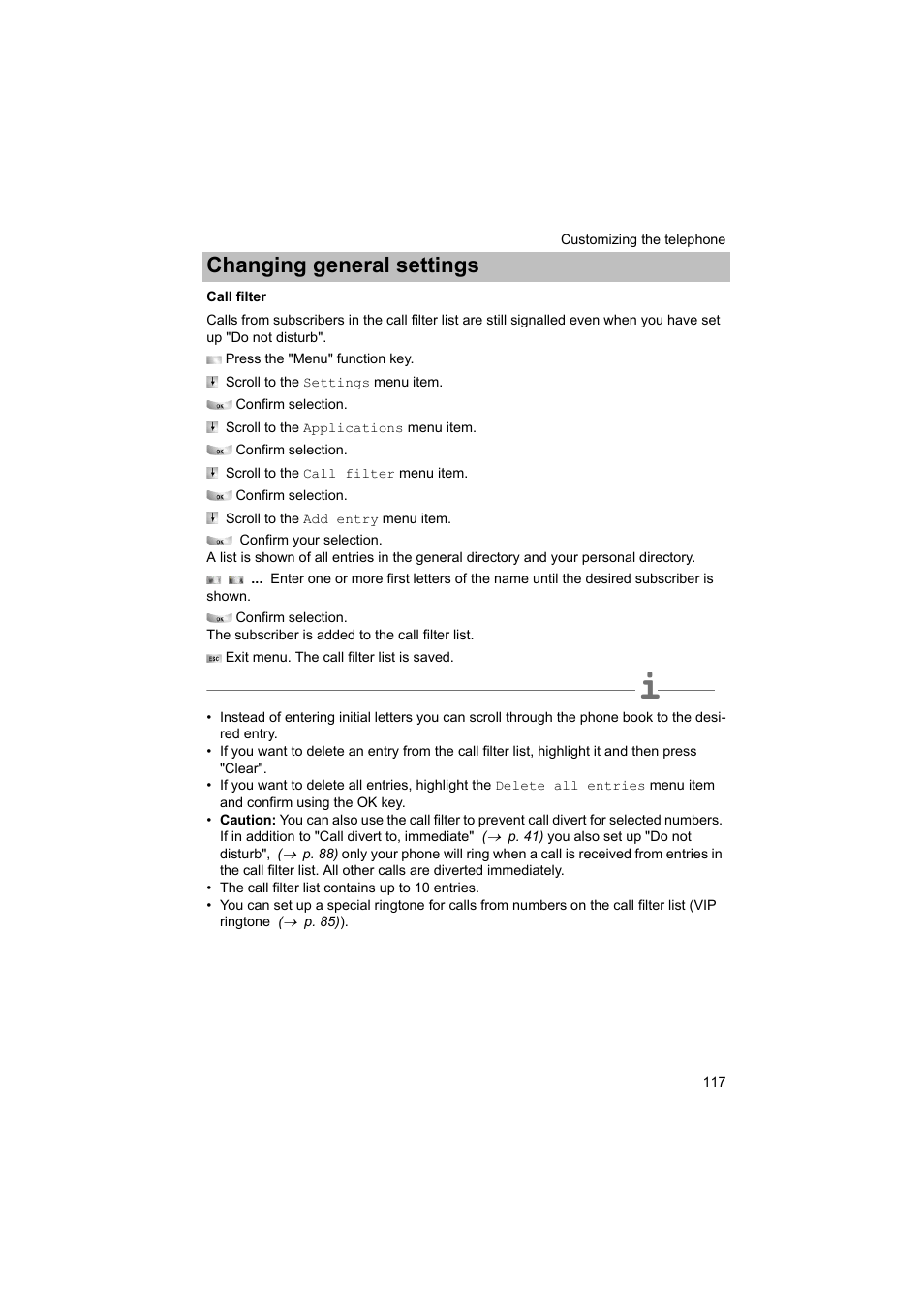 Call filter, P. 117), Ll filter | Changing general settings | Avaya T3 (IP) Comfort User Manual | Page 117 / 172