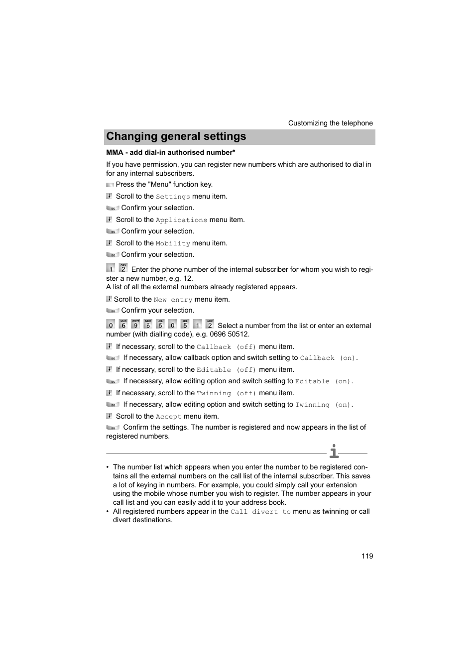 Mma - add dial-in authorised number, S. 119), P. 119) | Changing general settings | Avaya T3 (IP) Comfort User Manual | Page 119 / 172