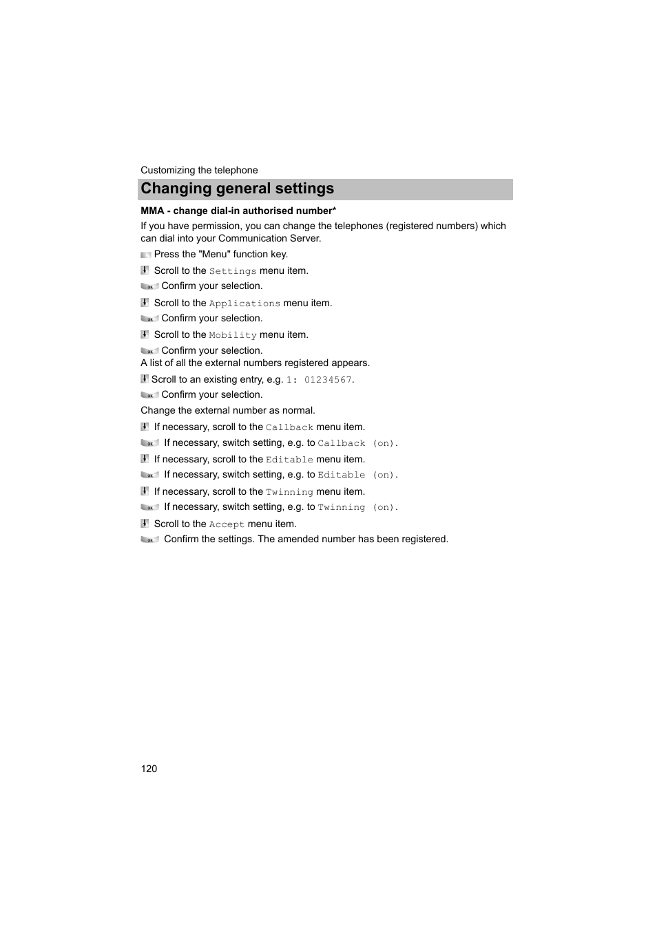Changing general settings | Avaya T3 (IP) Comfort User Manual | Page 120 / 172