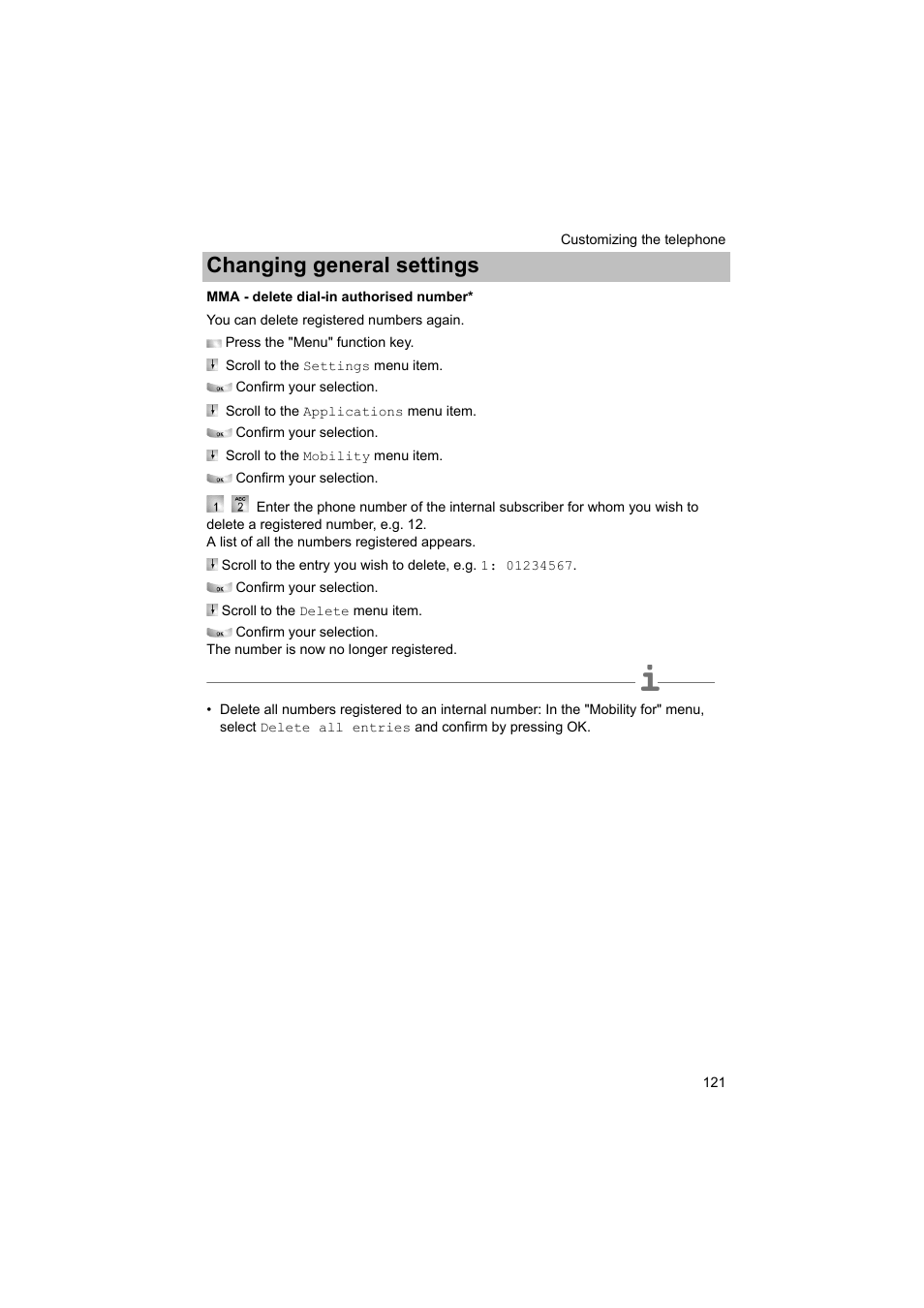 Mma - delete dial-in authorised number, Changing general settings | Avaya T3 (IP) Comfort User Manual | Page 121 / 172
