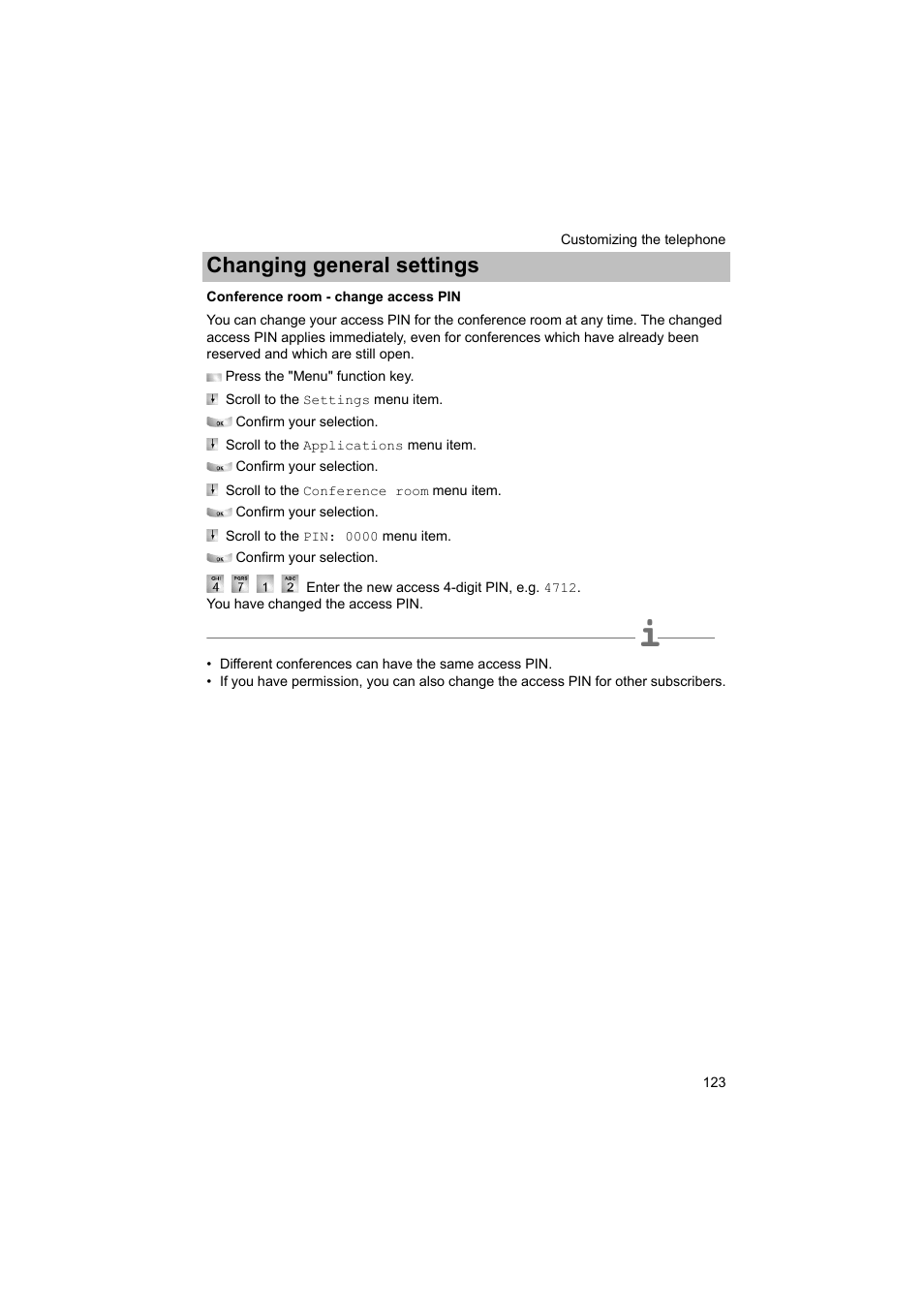 Conference room - change access pin, Changing general settings | Avaya T3 (IP) Comfort User Manual | Page 123 / 172