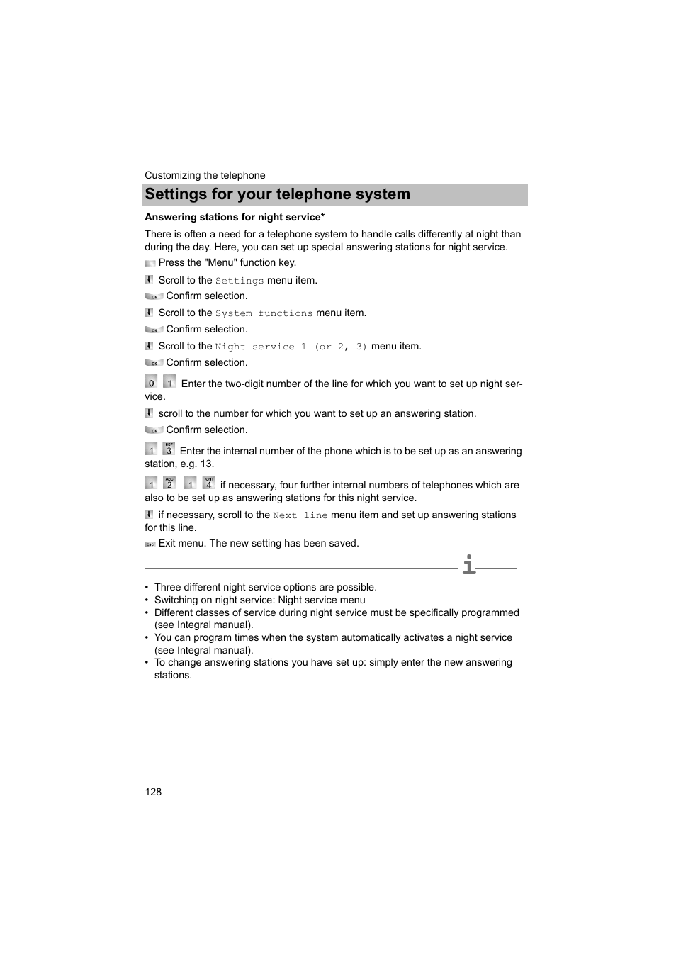 Answering stations for night service, P. 128), Settings for your telephone system | Avaya T3 (IP) Comfort User Manual | Page 128 / 172