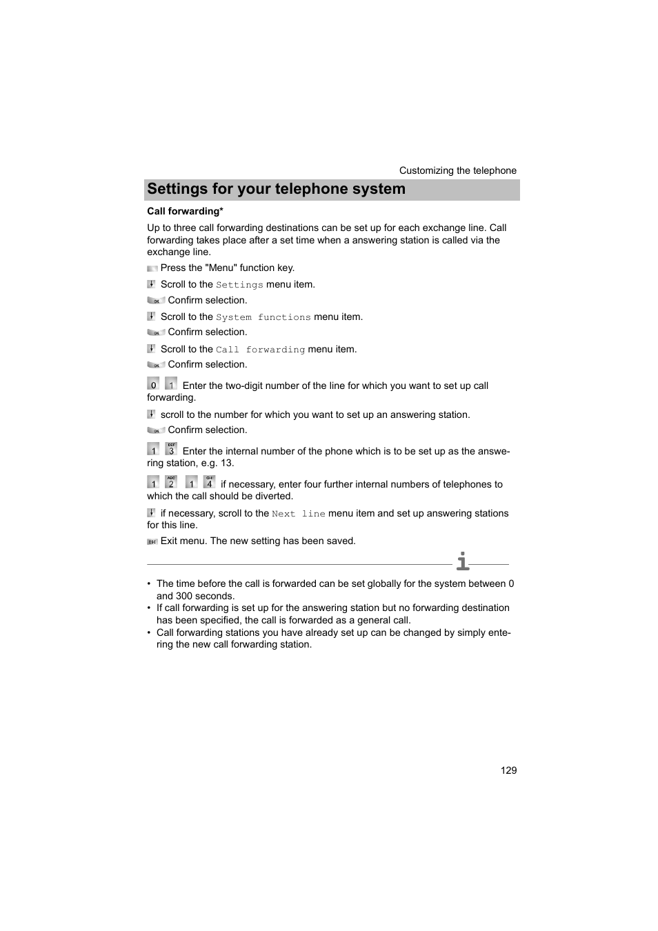Call forwarding, P. 129), Settings for your telephone system | Avaya T3 (IP) Comfort User Manual | Page 129 / 172