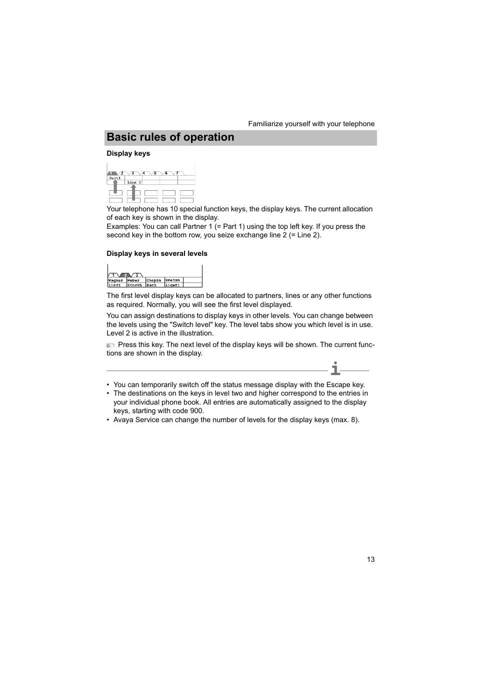 Display keys, Display keys in several levels, Basic rules of operation | Avaya T3 (IP) Comfort User Manual | Page 13 / 172
