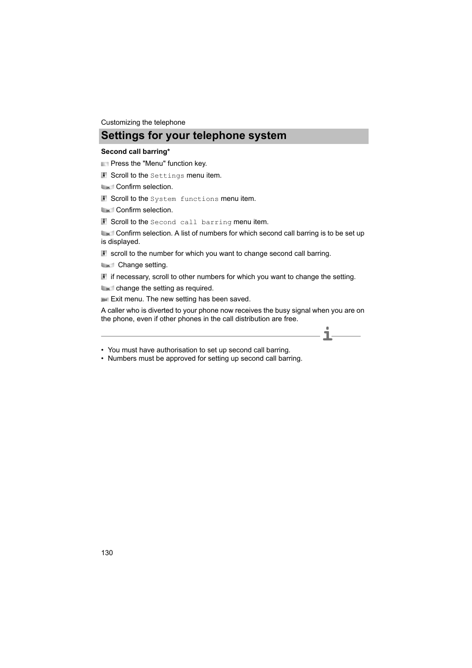 Second call barring, P. 130), Settings for your telephone system | Avaya T3 (IP) Comfort User Manual | Page 130 / 172