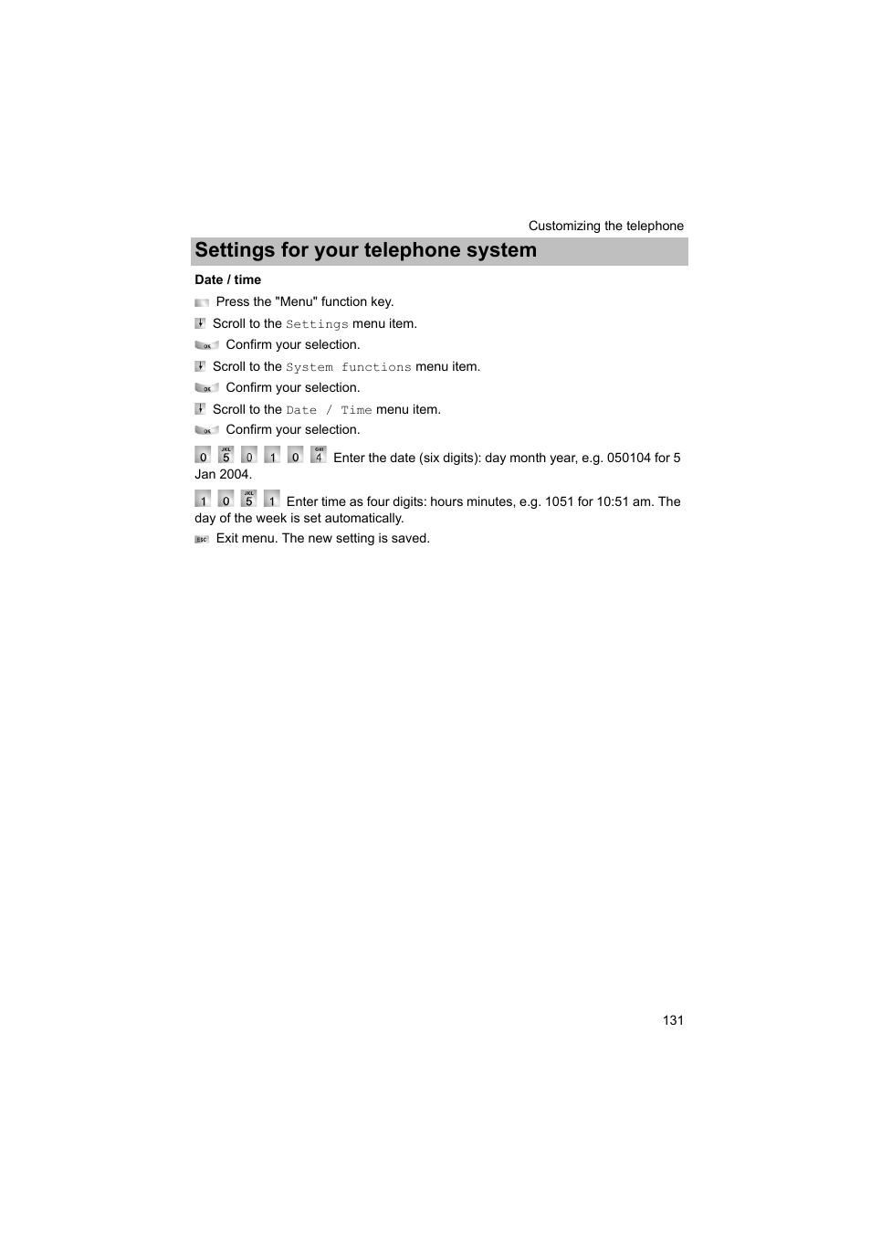 Date / time, P. 131), Settings for your telephone system | Avaya T3 (IP) Comfort User Manual | Page 131 / 172