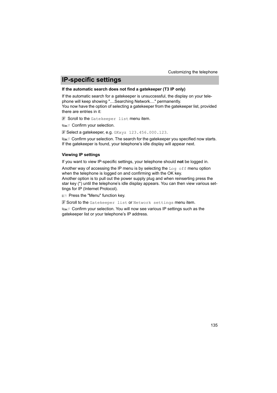 Viewing ip settings, P. 135), Ip-specific settings | Avaya T3 (IP) Comfort User Manual | Page 135 / 172