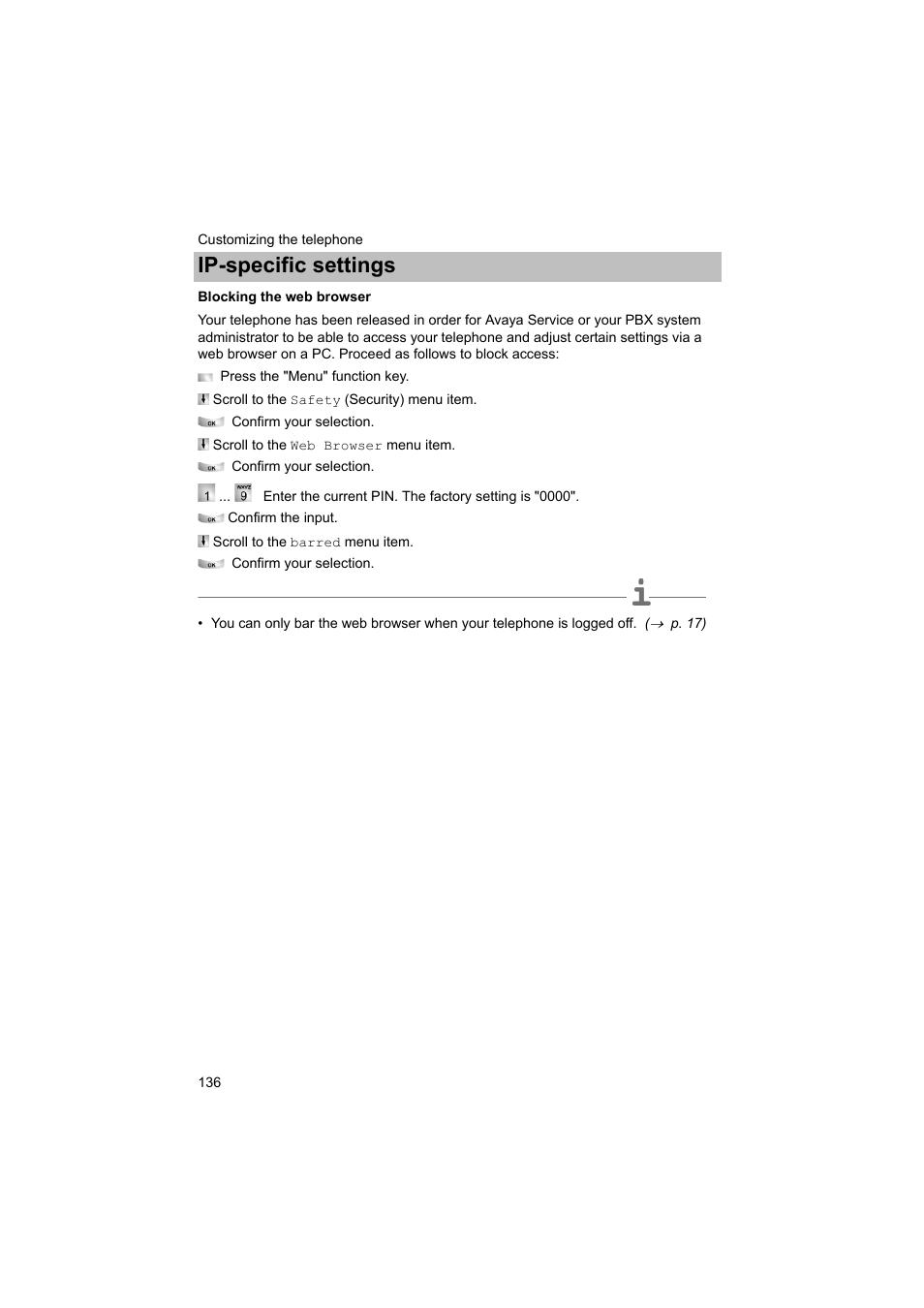 Blocking the web browser, P. 136), Ip-specific settings | Avaya T3 (IP) Comfort User Manual | Page 136 / 172