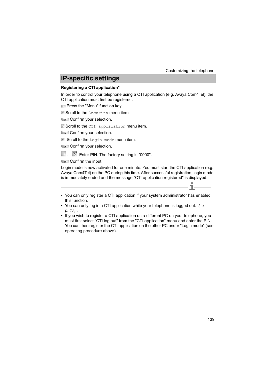 Registering a cti application, P. 139), Ip-specific settings | Avaya T3 (IP) Comfort User Manual | Page 139 / 172