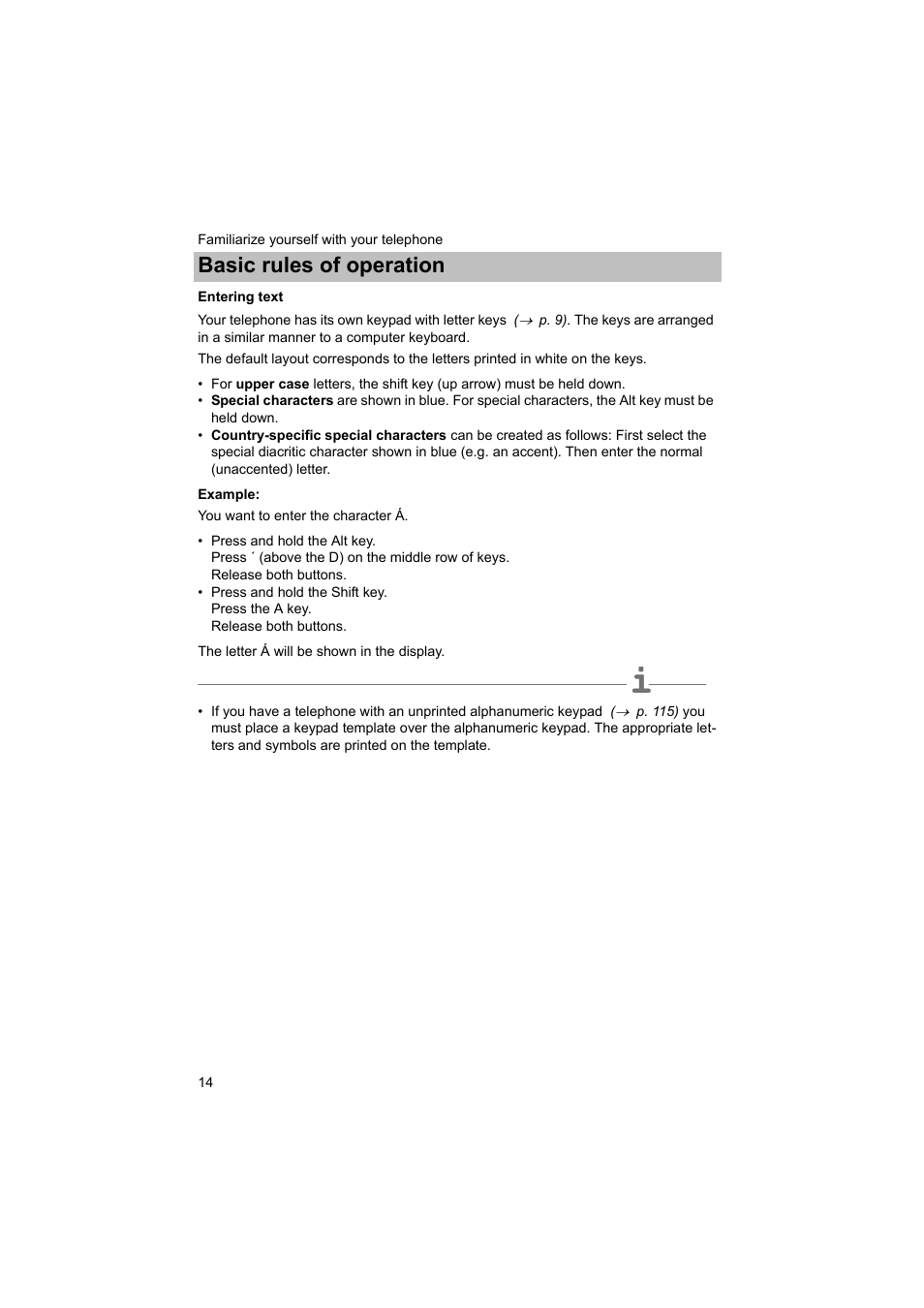 Entering text, Basic rules of operation | Avaya T3 (IP) Comfort User Manual | Page 14 / 172