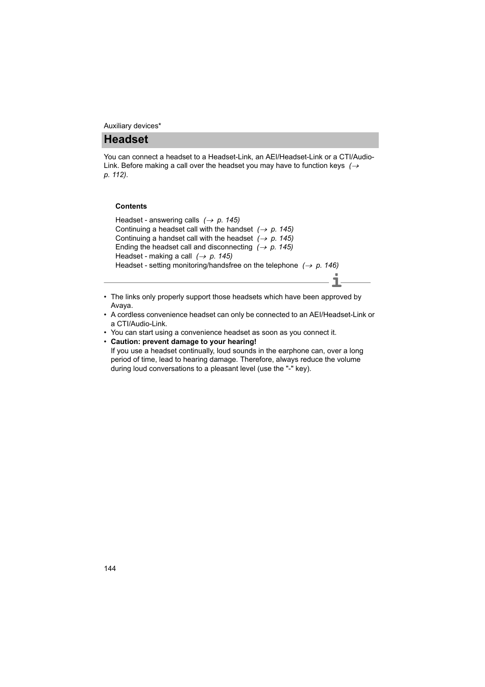 Headset, P. 144) ca, P. 144) | Avaya T3 (IP) Comfort User Manual | Page 144 / 172