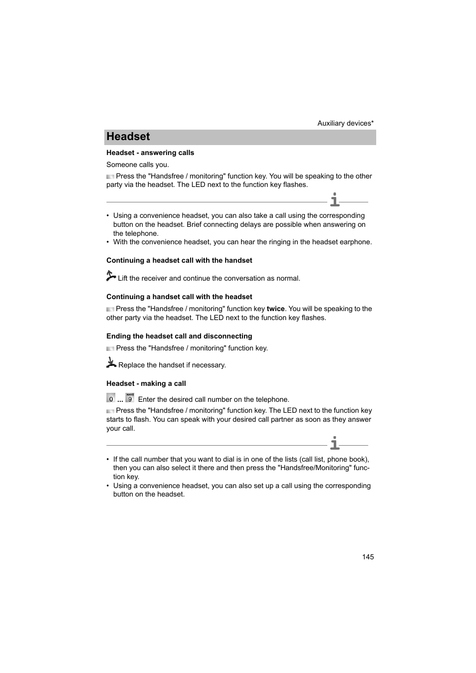 Headset - answering calls, Continuing a headset call with the handset, Continuing a handset call with the headset | Ending the headset call and disconnecting, Headset - making a call, G calls, P. 145), Headset | Avaya T3 (IP) Comfort User Manual | Page 145 / 172