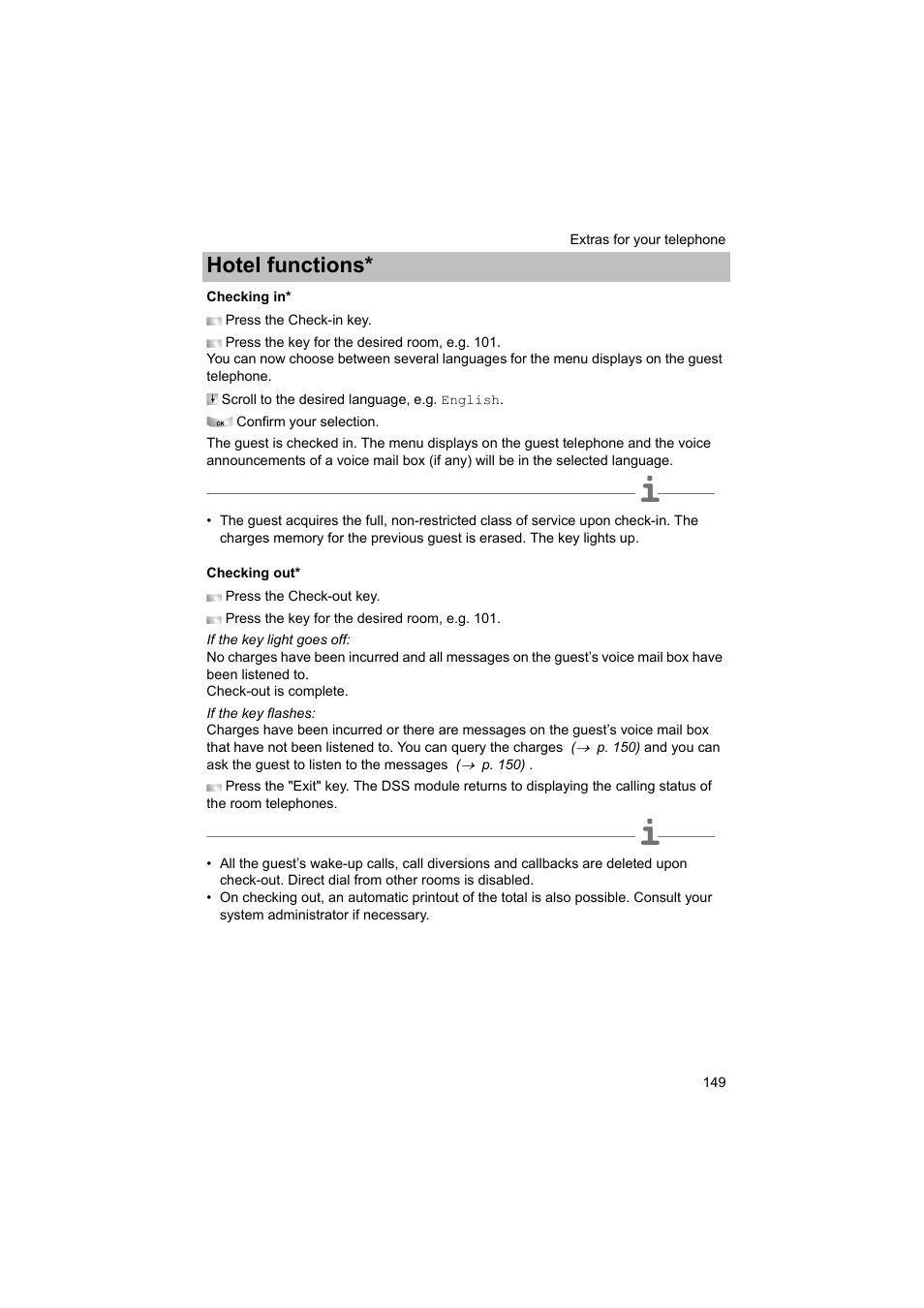 Checking in, Checking out, P. 149) | Ng out, Hotel functions | Avaya T3 (IP) Comfort User Manual | Page 149 / 172