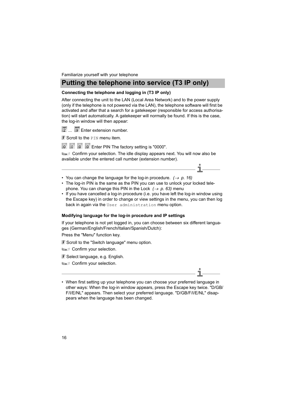 P. 16), Putting the telephone into service (t3 ip only) | Avaya T3 (IP) Comfort User Manual | Page 16 / 172