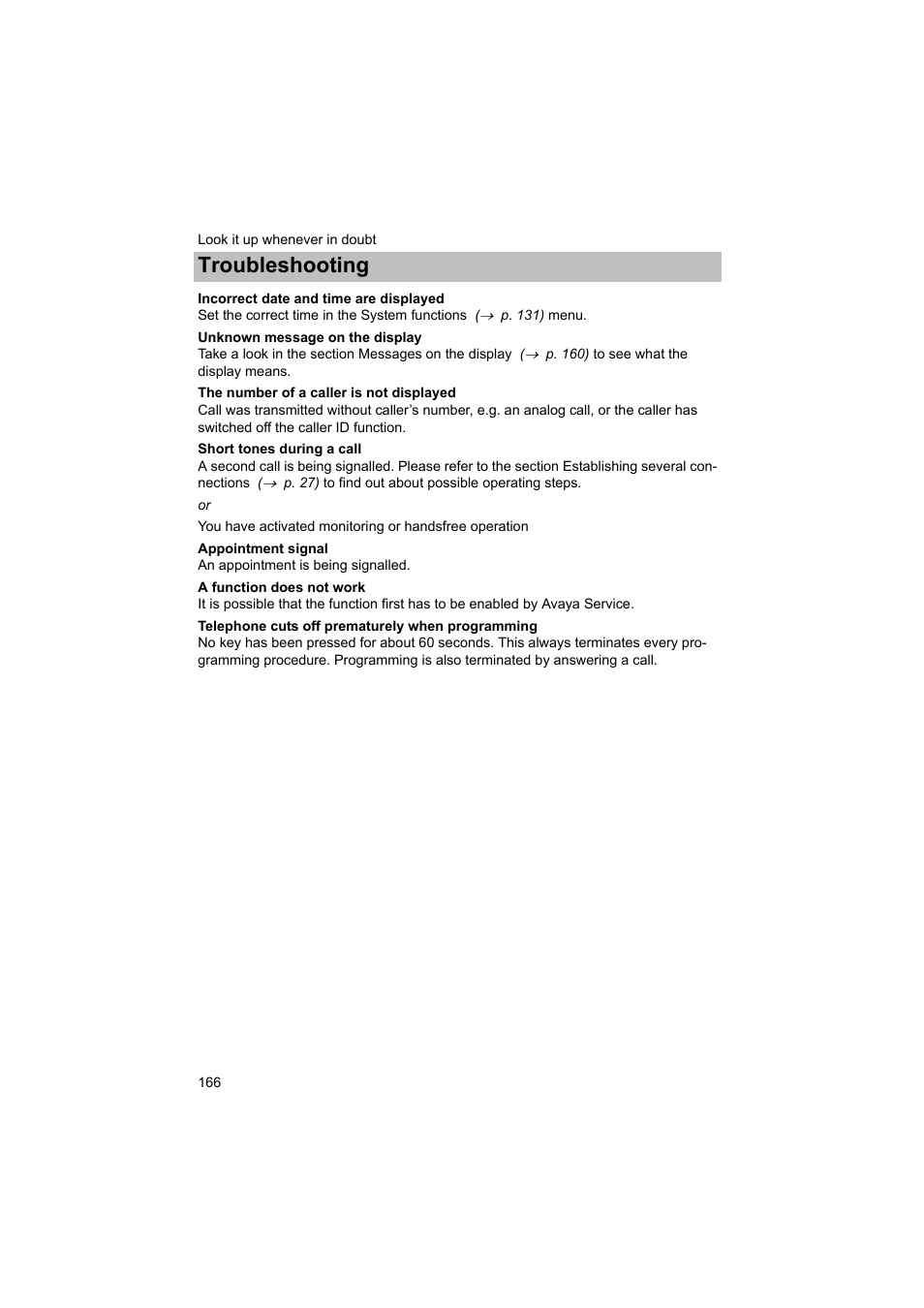 Troubleshooting | Avaya T3 (IP) Comfort User Manual | Page 166 / 172