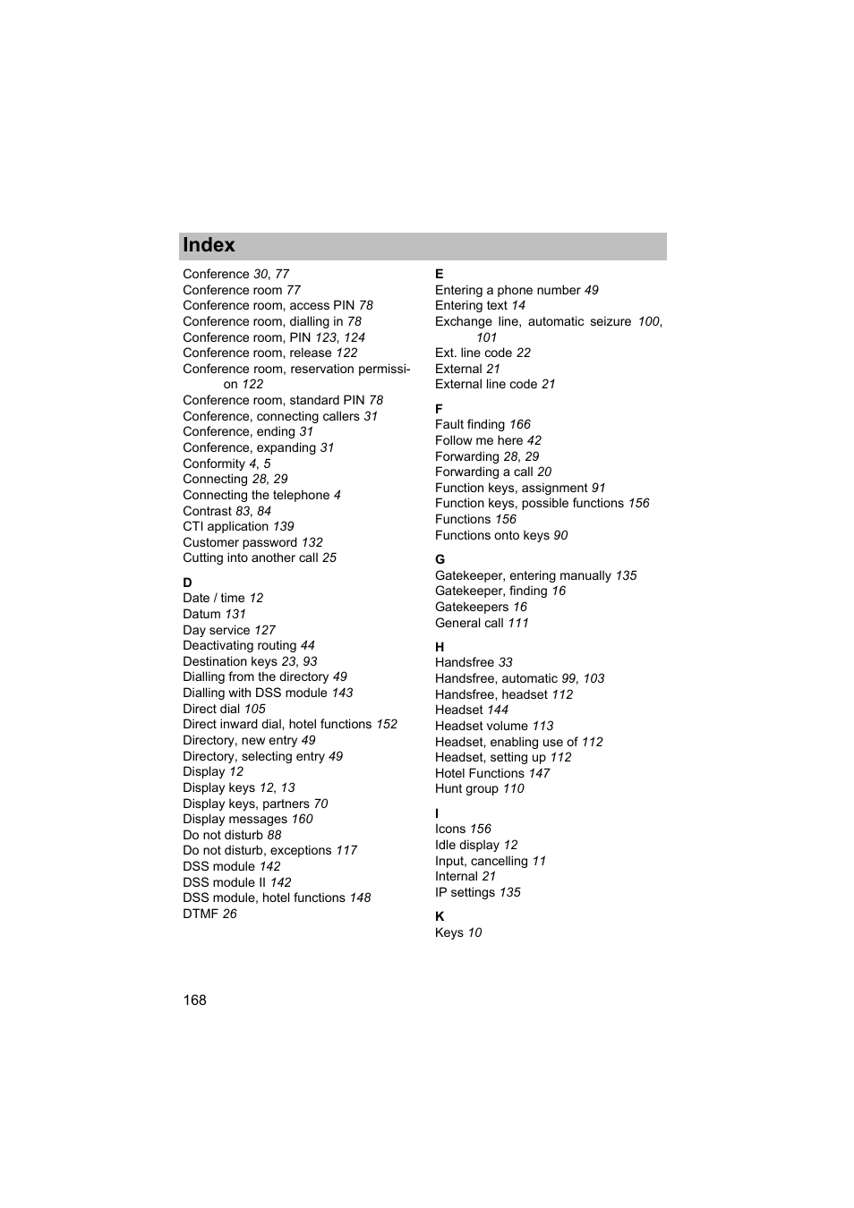 Index | Avaya T3 (IP) Comfort User Manual | Page 168 / 172