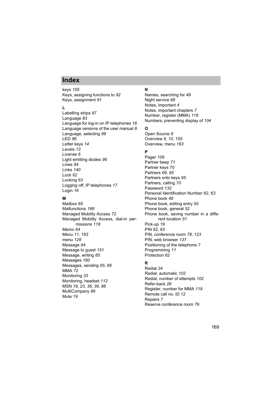 Index | Avaya T3 (IP) Comfort User Manual | Page 169 / 172
