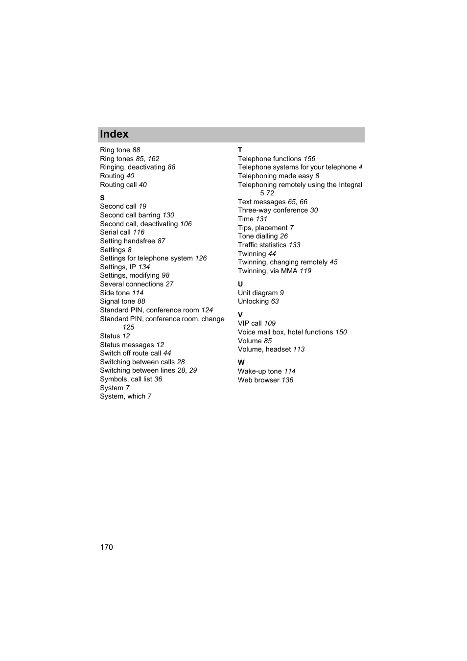 Index | Avaya T3 (IP) Comfort User Manual | Page 170 / 172