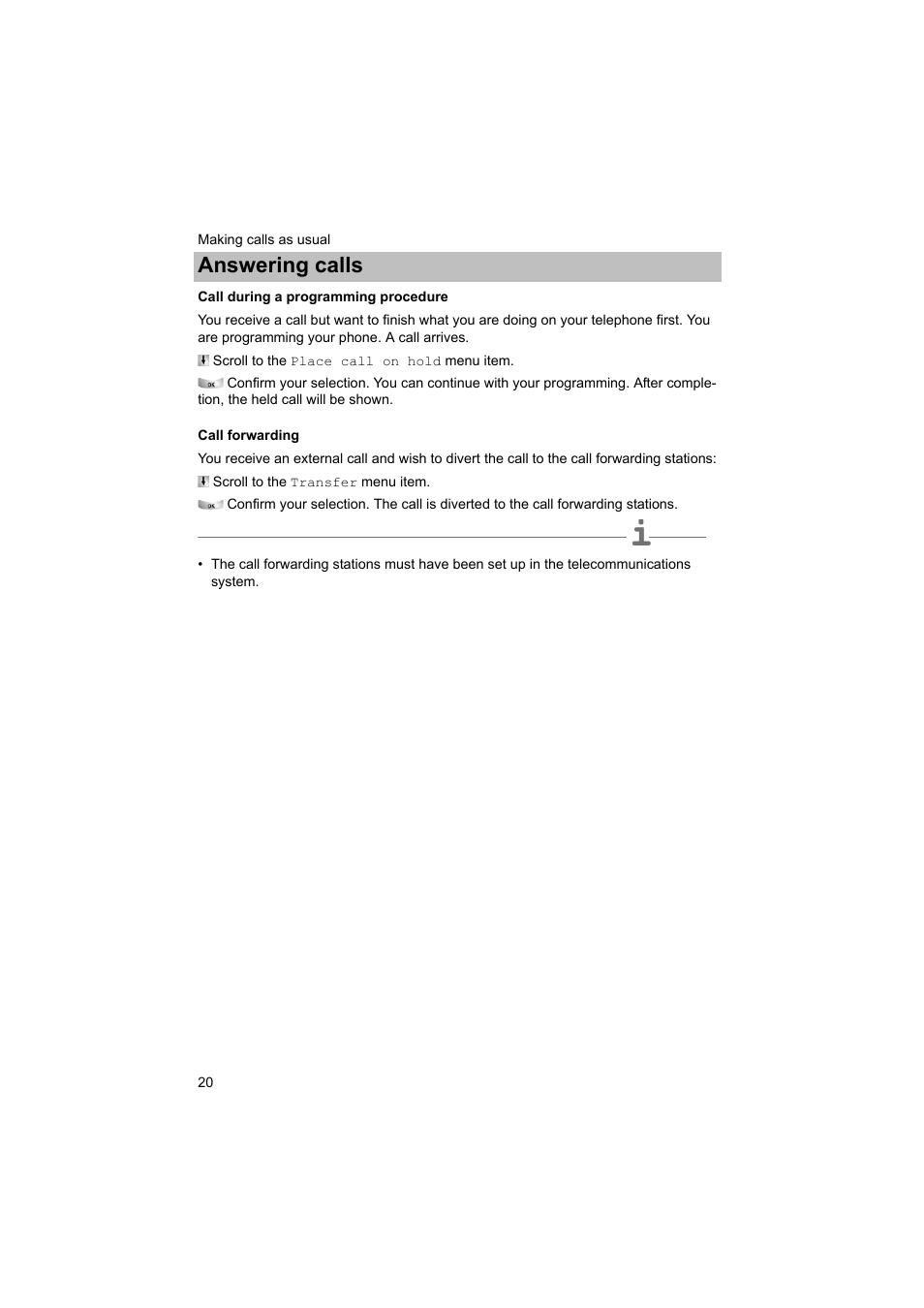 Call during a programming procedure, Call forwarding, P. 20) | Answering calls | Avaya T3 (IP) Comfort User Manual | Page 20 / 172