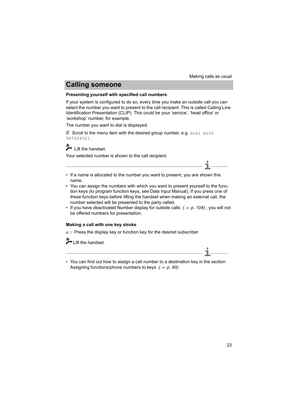 Presenting yourself with specified call numbers, Making a call with one key stroke, P. 23) | Calling someone | Avaya T3 (IP) Comfort User Manual | Page 23 / 172