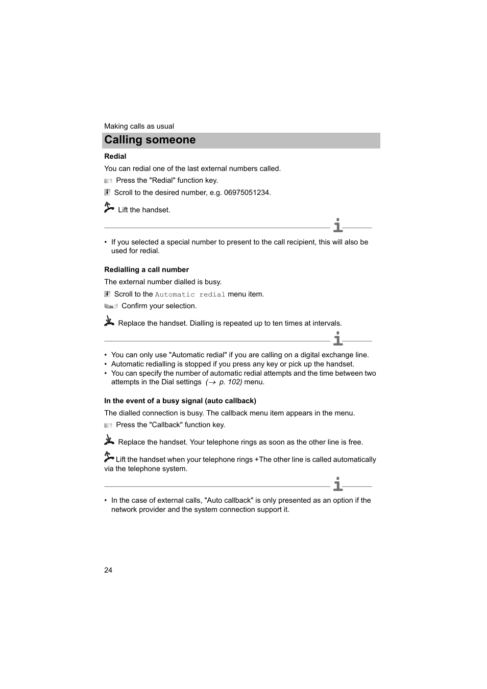 Redial, Redialling a call number, In the event of a busy signal (auto callback) | P. 24), Calling someone | Avaya T3 (IP) Comfort User Manual | Page 24 / 172