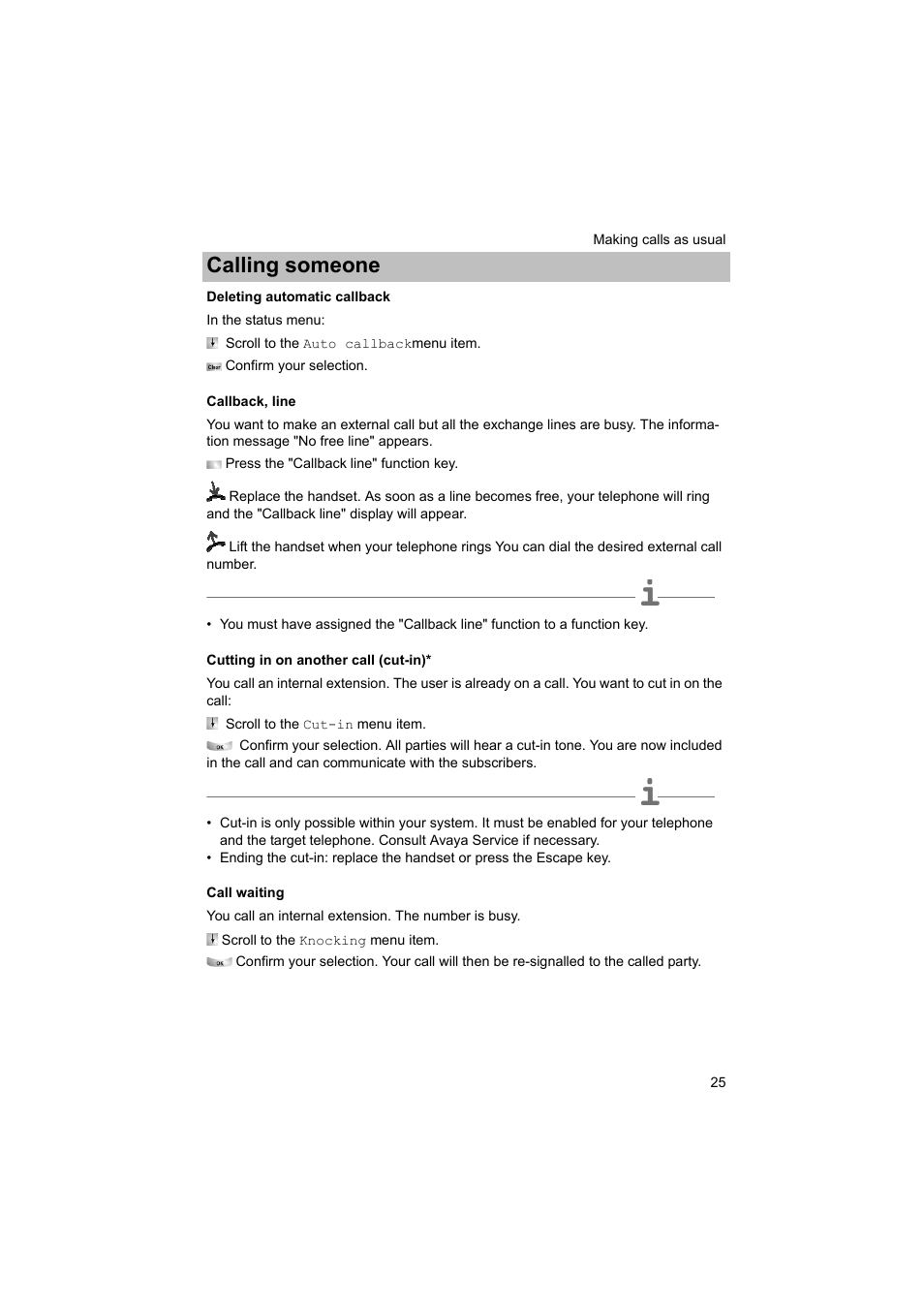 Deleting automatic callback, Callback, line, Cutting in on another call (cut-in) | Call waiting, P. 25), Calling someone | Avaya T3 (IP) Comfort User Manual | Page 25 / 172