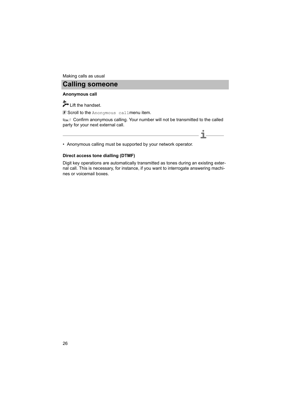 Anonymous call, Direct access tone dialling (dtmf), P. 26) | Calling someone | Avaya T3 (IP) Comfort User Manual | Page 26 / 172