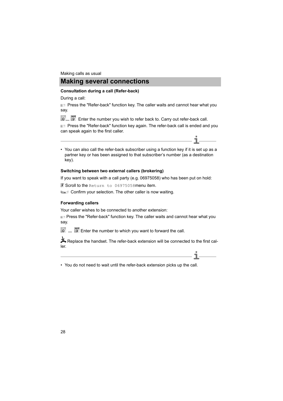 Consultation during a call (refer-back), Switching between two external callers (brokering), Forwarding callers | P. 28), Making several connections | Avaya T3 (IP) Comfort User Manual | Page 28 / 172