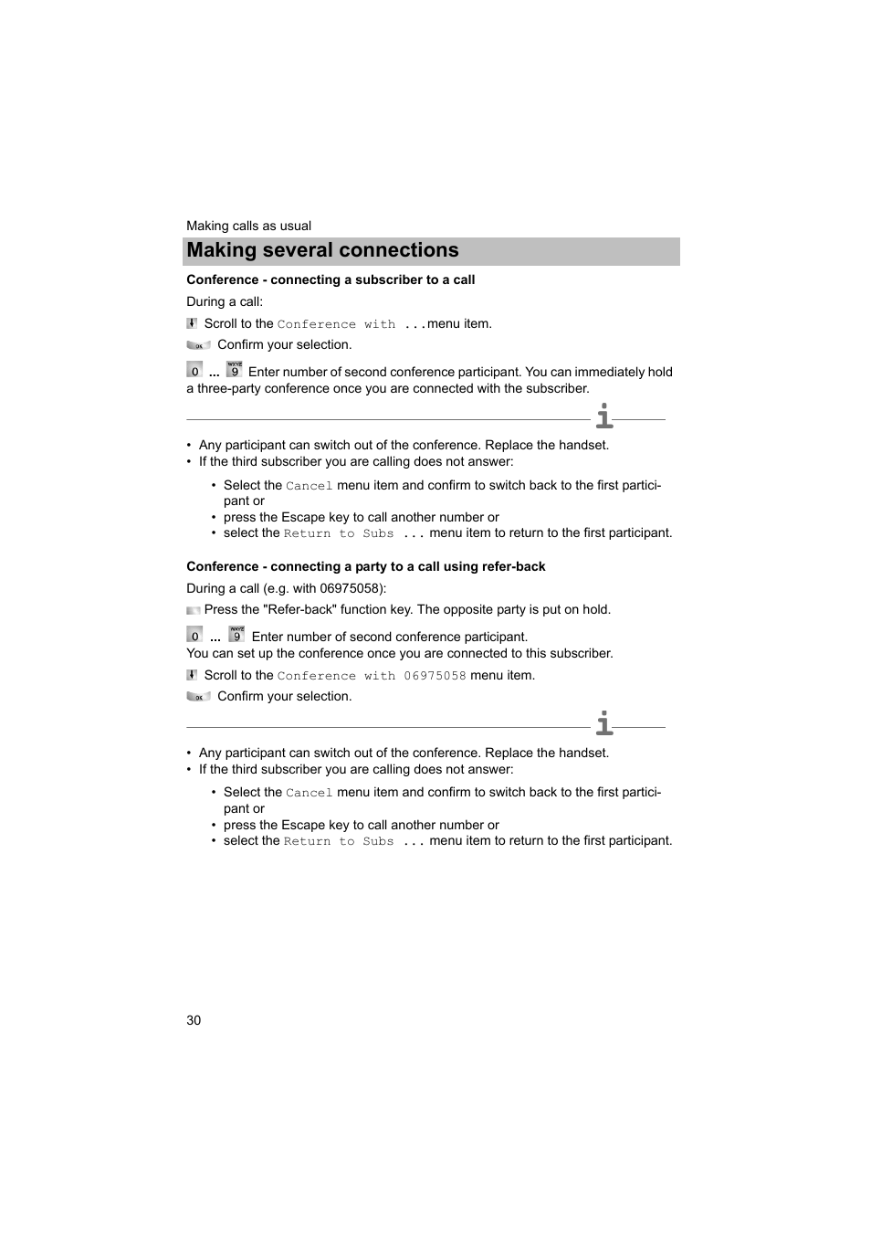 Conference - connecting a subscriber to a call, P. 30), Making several connections | Avaya T3 (IP) Comfort User Manual | Page 30 / 172