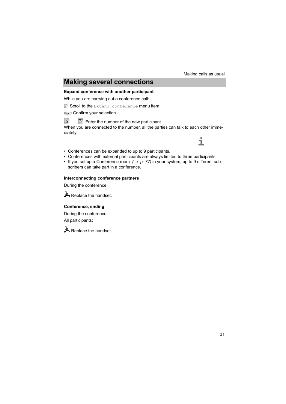 Expand conference with another participant, Interconnecting conference partners, Conference, ending | P. 31), Making several connections | Avaya T3 (IP) Comfort User Manual | Page 31 / 172