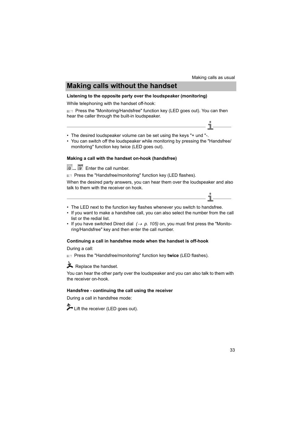 Making a call with the handset on-hook (handsfree), Handsfree - continuing the call using the receiver, P. 33) | Andsfree), Making calls without the handset | Avaya T3 (IP) Comfort User Manual | Page 33 / 172