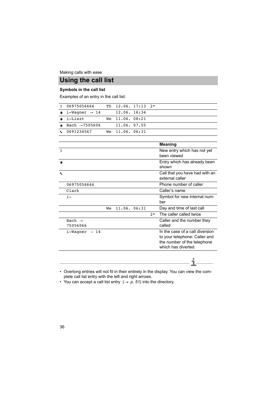 Symbols in the call list, List, P. 36) | Using the call list | Avaya T3 (IP) Comfort User Manual | Page 36 / 172