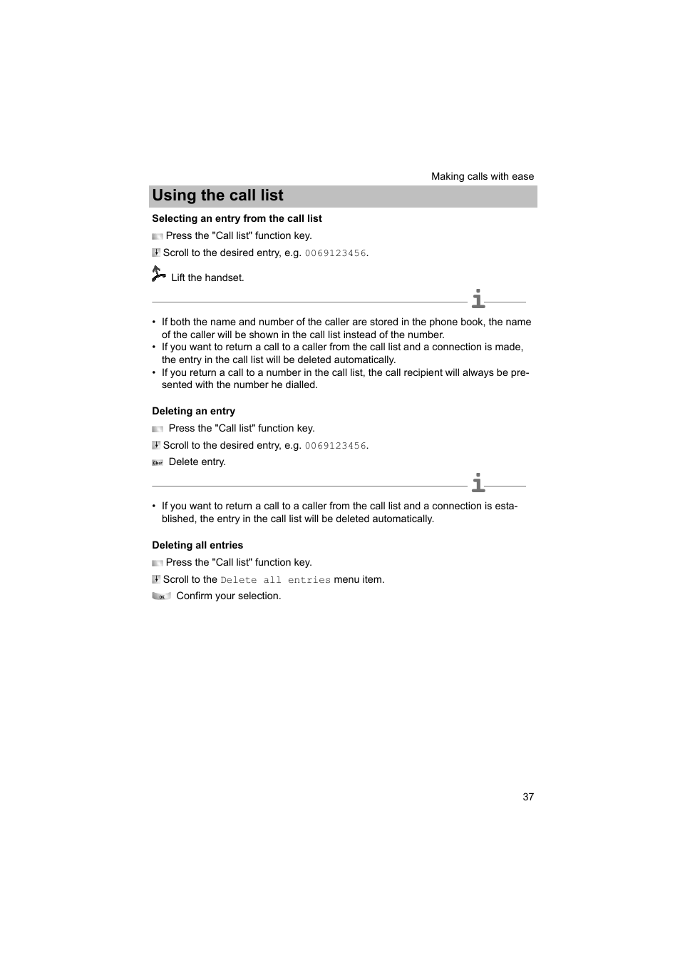 Selecting an entry from the call list, Deleting an entry, Deleting all entries | P. 37), Using the call list | Avaya T3 (IP) Comfort User Manual | Page 37 / 172