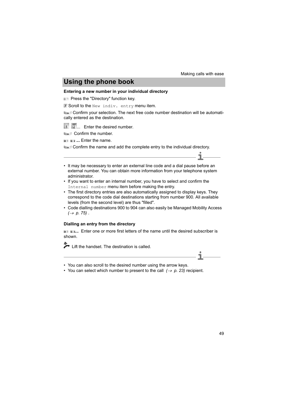 Entering a new number in your individual directory, Dialling an entry from the directory, P. 49) | Using the phone book | Avaya T3 (IP) Comfort User Manual | Page 49 / 172