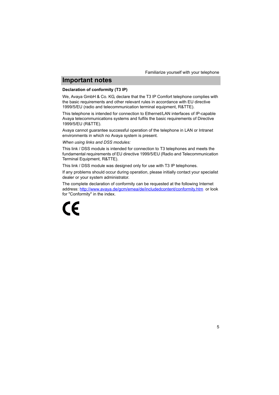 Declaration of conformity (t3 ip) | Avaya T3 (IP) Comfort User Manual | Page 5 / 172