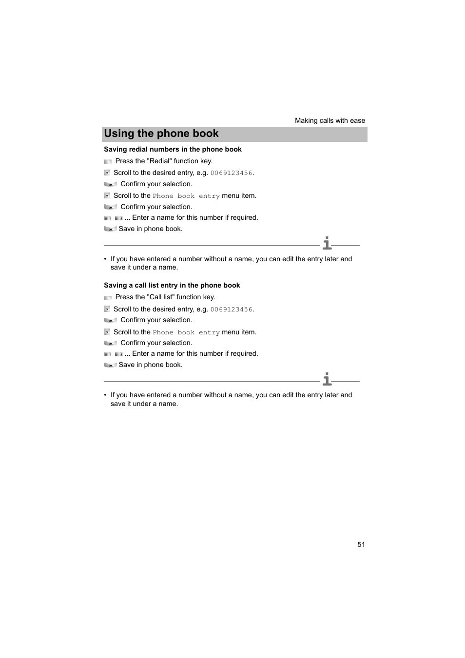 Saving redial numbers in the phone book, Saving a call list entry in the phone book, P. 51) | Using the phone book | Avaya T3 (IP) Comfort User Manual | Page 51 / 172