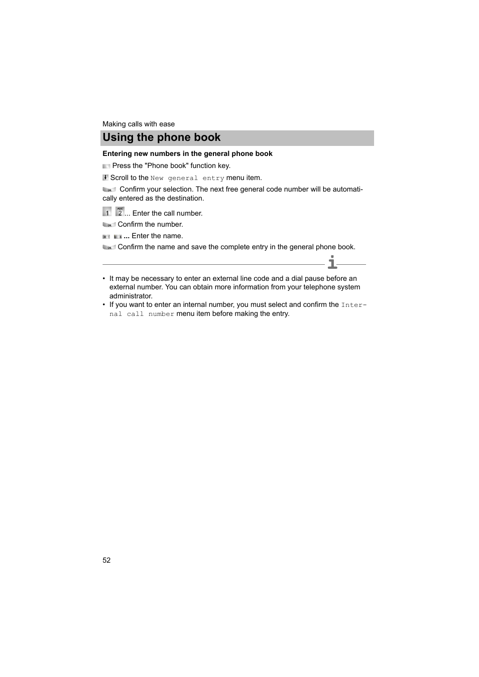 Entering new numbers in the general phone book, P. 52), Using the phone book | Avaya T3 (IP) Comfort User Manual | Page 52 / 172