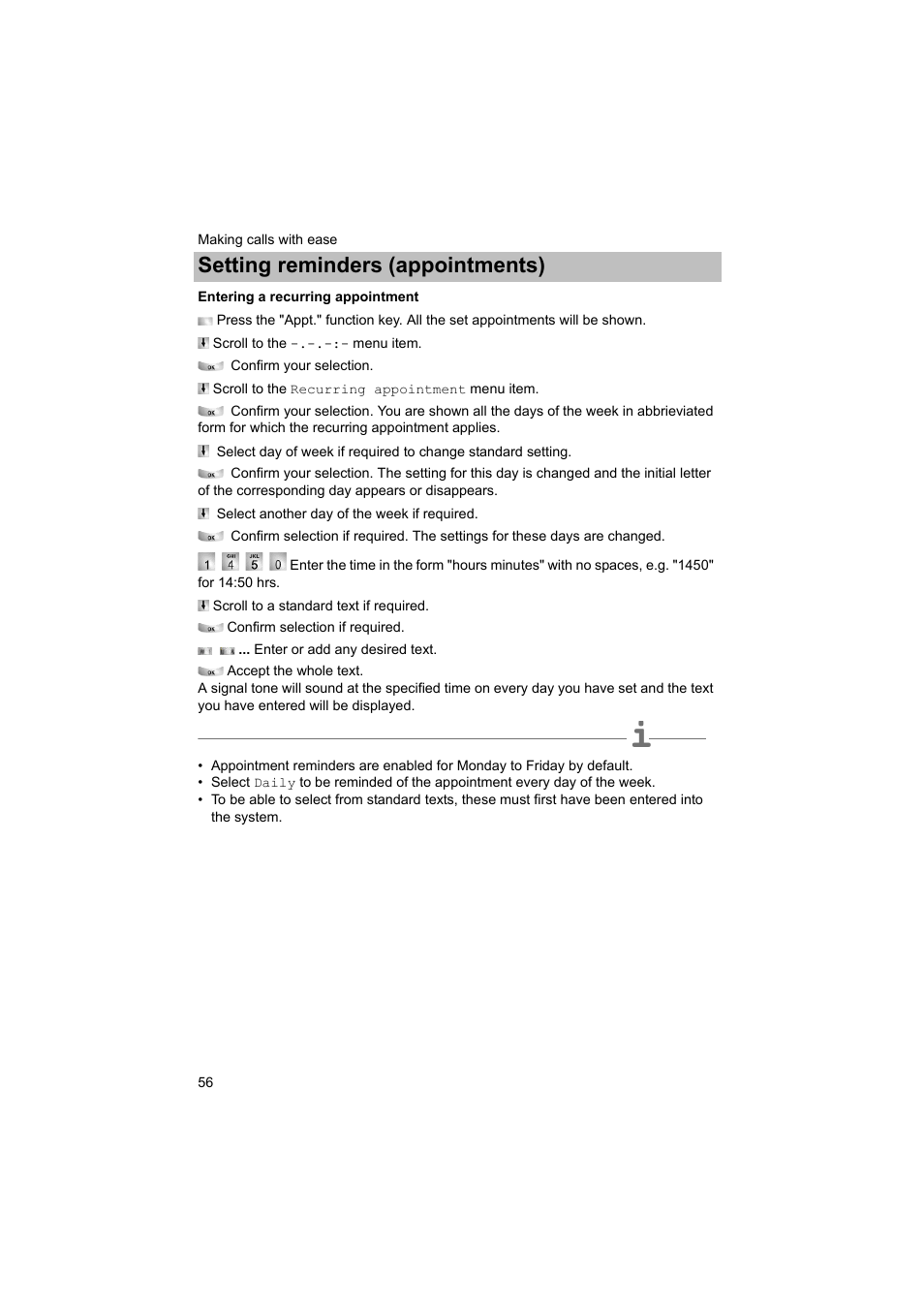 Entering a recurring appointment, P. 56), Setting reminders (appointments) | Avaya T3 (IP) Comfort User Manual | Page 56 / 172