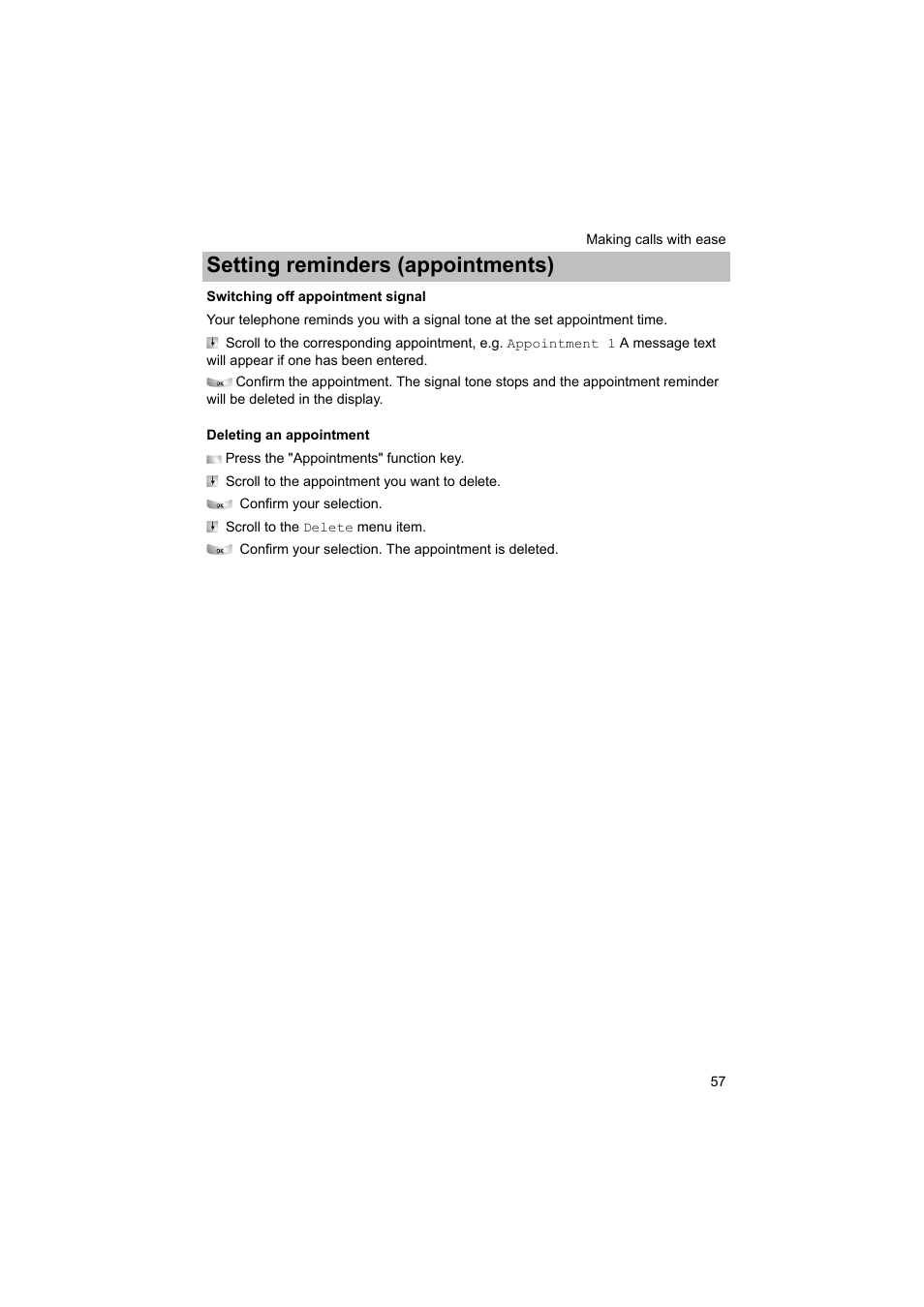 Switching off appointment signal, Deleting an appointment, P. 57) | Setting reminders (appointments) | Avaya T3 (IP) Comfort User Manual | Page 57 / 172