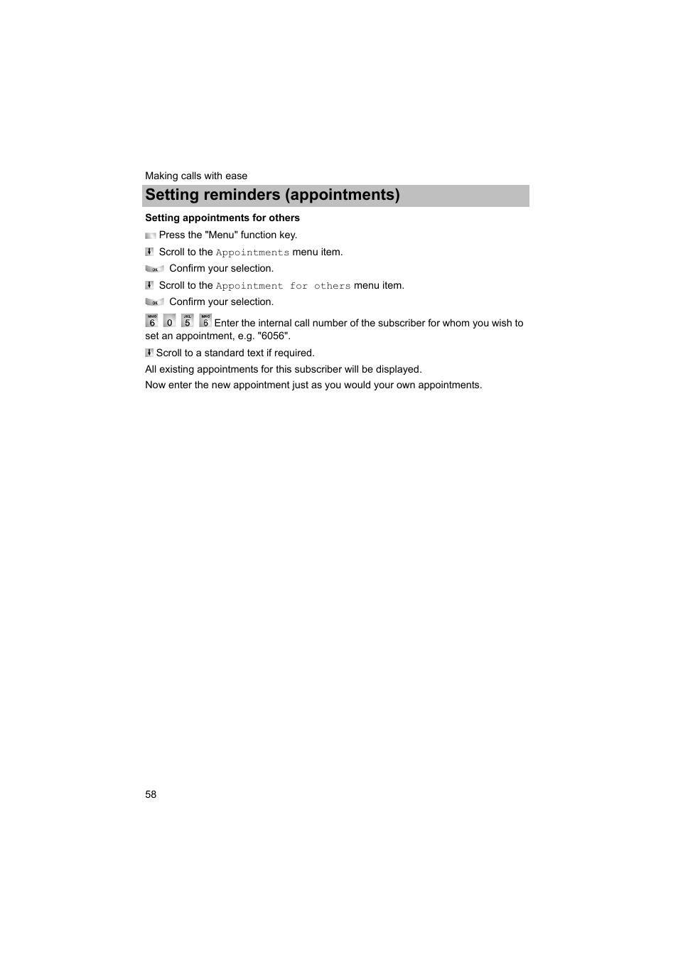 Setting appointments for others, P. 58), Setting reminders (appointments) | Avaya T3 (IP) Comfort User Manual | Page 58 / 172