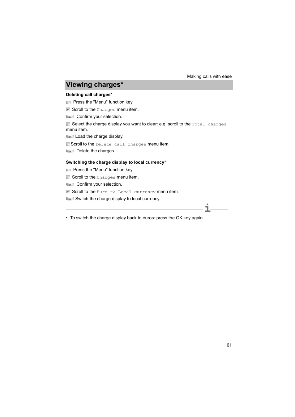 Deleting call charges, Switching the charge display to local currency, P. 61) | Viewing charges | Avaya T3 (IP) Comfort User Manual | Page 61 / 172