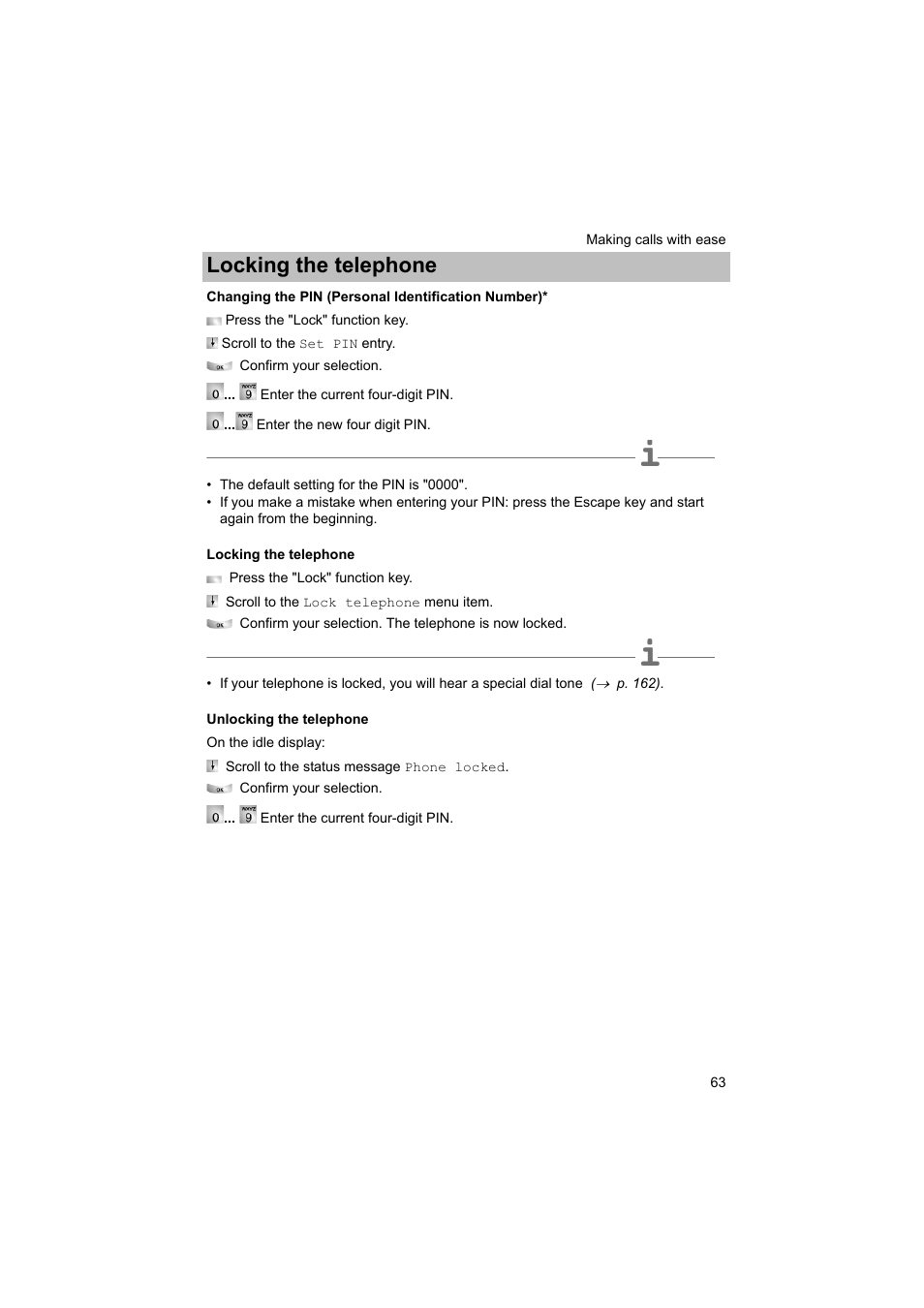 Changing the pin (personal identification number), Locking the telephone, Unlocking the telephone | P. 63) | Avaya T3 (IP) Comfort User Manual | Page 63 / 172