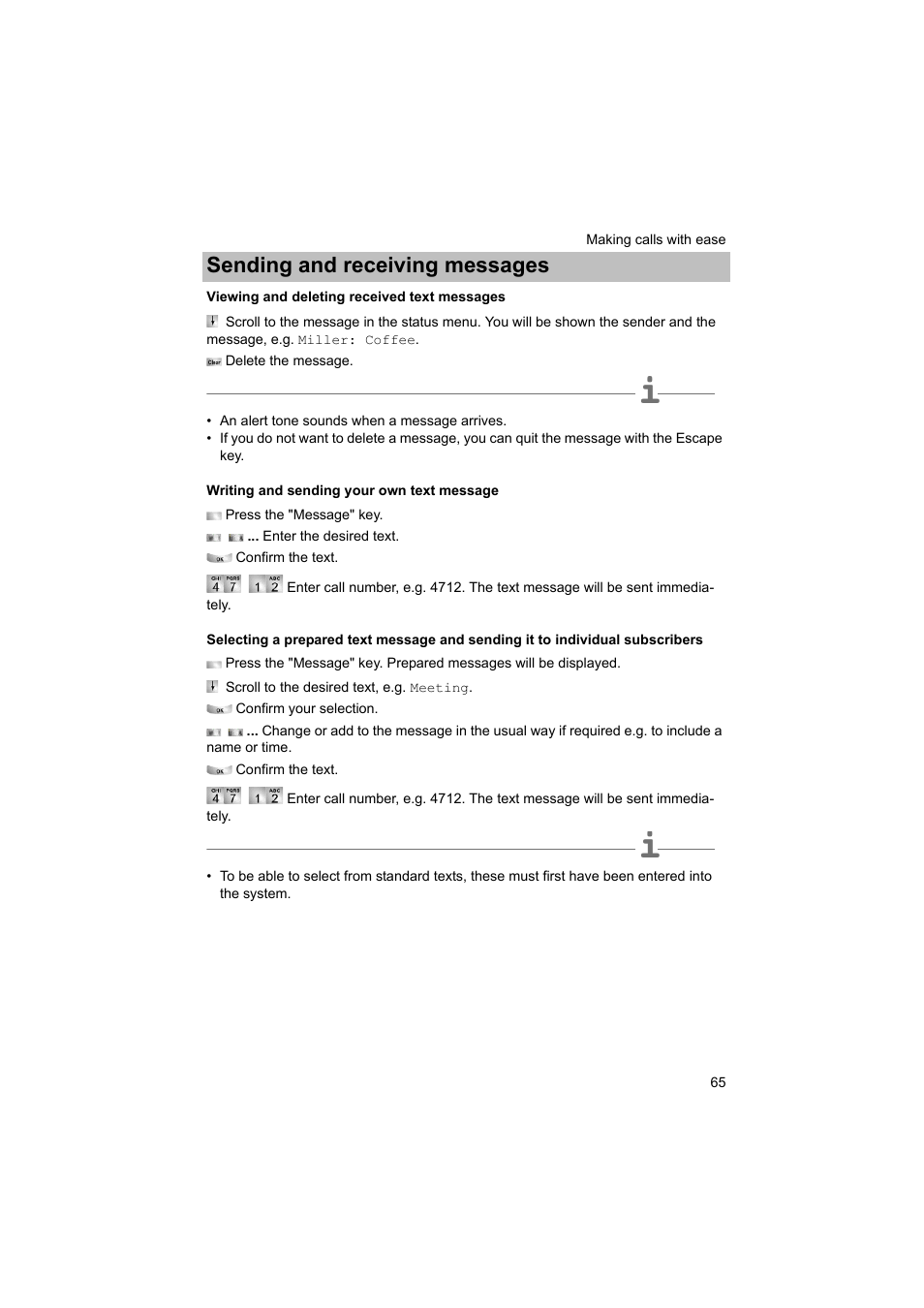 Viewing and deleting received text messages, Writing and sending your own text message, P. 65) | Bscribers, Sending and receiving messages | Avaya T3 (IP) Comfort User Manual | Page 65 / 172
