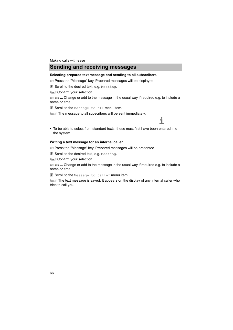Writing a text message for an internal caller, P. 66), Sending and receiving messages | Avaya T3 (IP) Comfort User Manual | Page 66 / 172