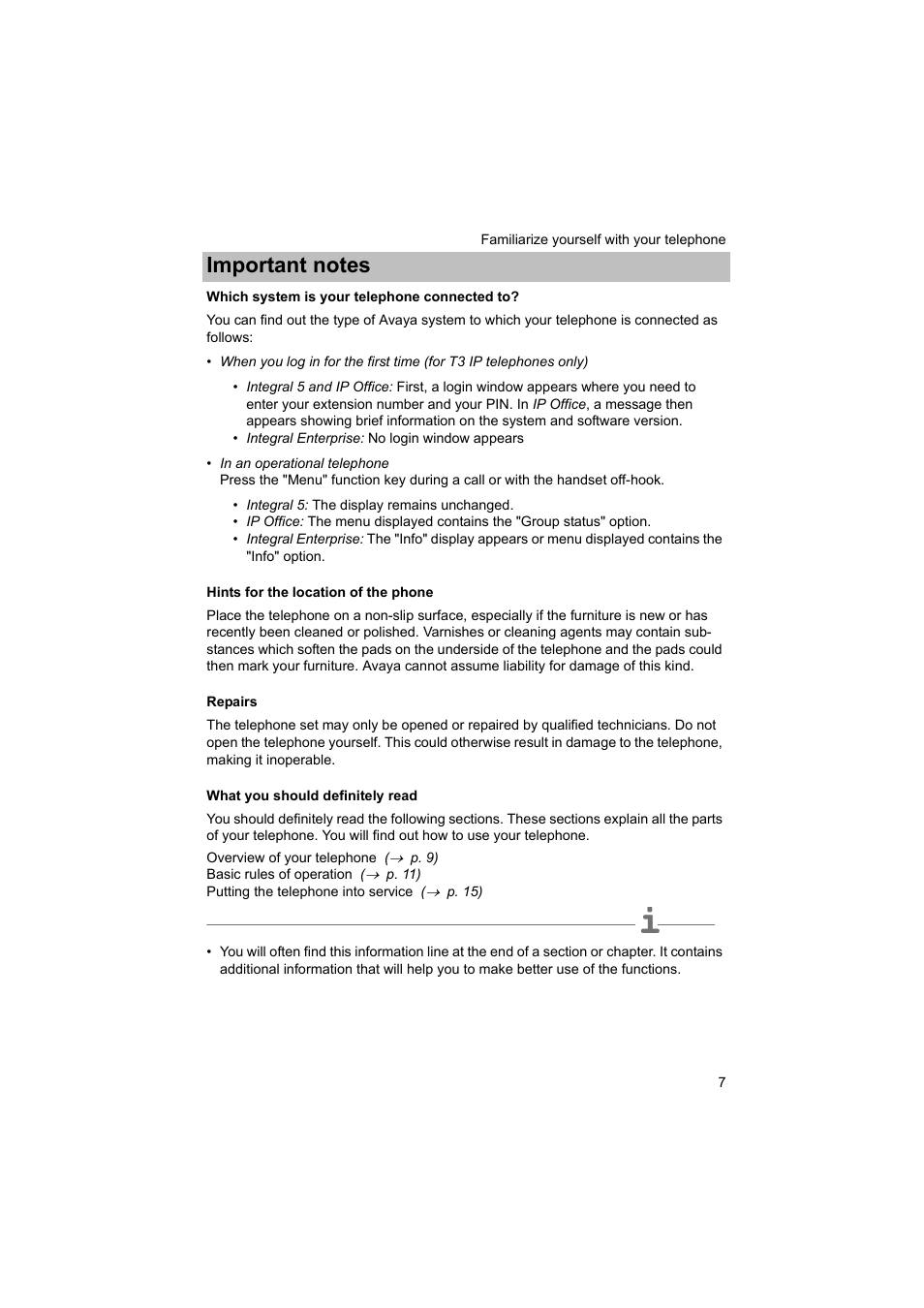 Which system is your telephone connected to, Hints for the location of the phone, Repairs | What you should definitely read | Avaya T3 (IP) Comfort User Manual | Page 7 / 172