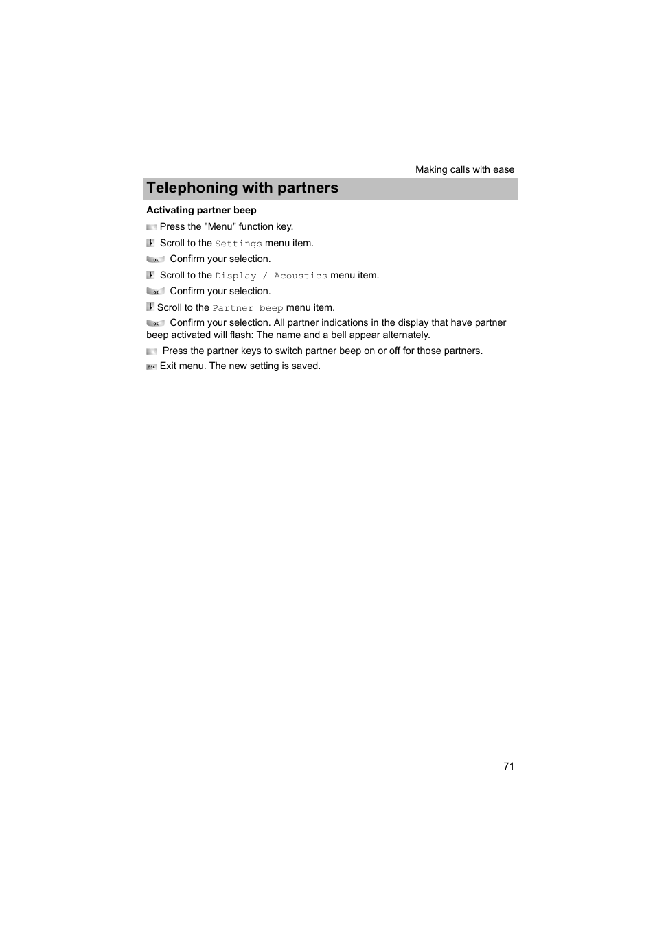 Activating partner beep, P. 71), Telephoning with partners | Avaya T3 (IP) Comfort User Manual | Page 71 / 172